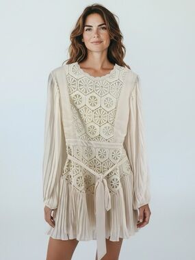 New AROSE STudio Women's Cream Lace-Panel Pleated Dress retail $198 size Large